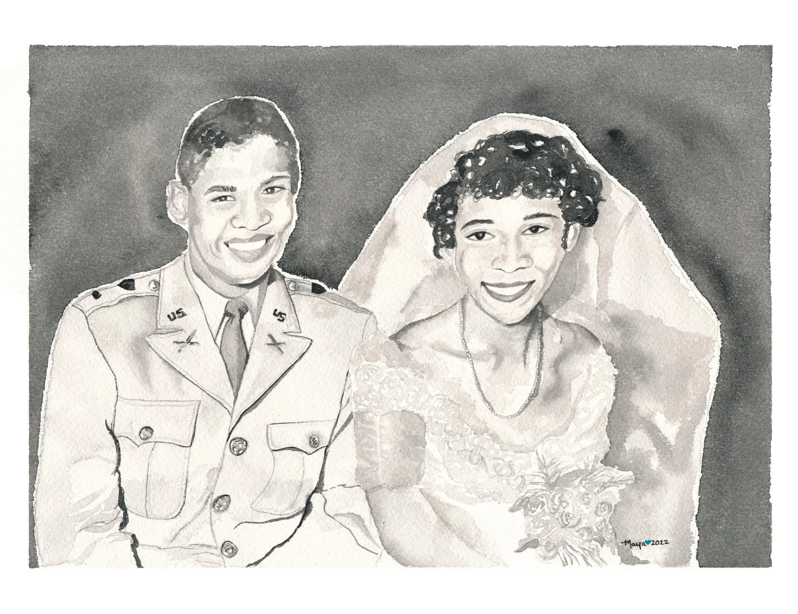 Black-and-white watercolor wedding couple, groom in uniform