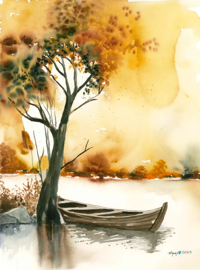 Rowboat beside tree on autumn lake