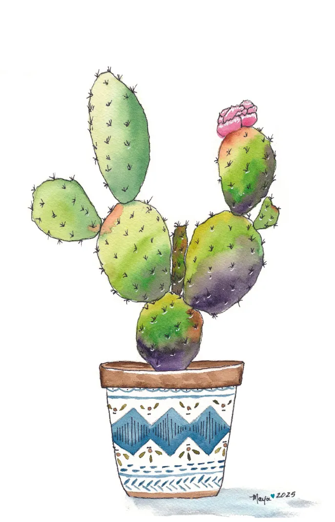 Watercolor prickly pear cactus in patterned pot