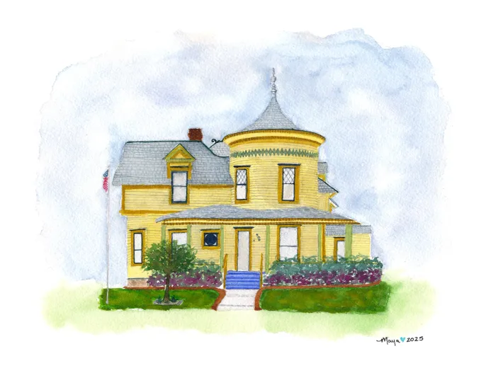 Yellow Victorian house watercolor with turret and porch