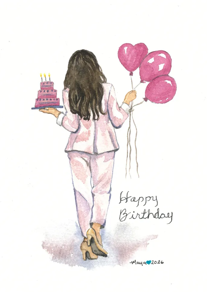 Woman in pink suit holding cake and balloons