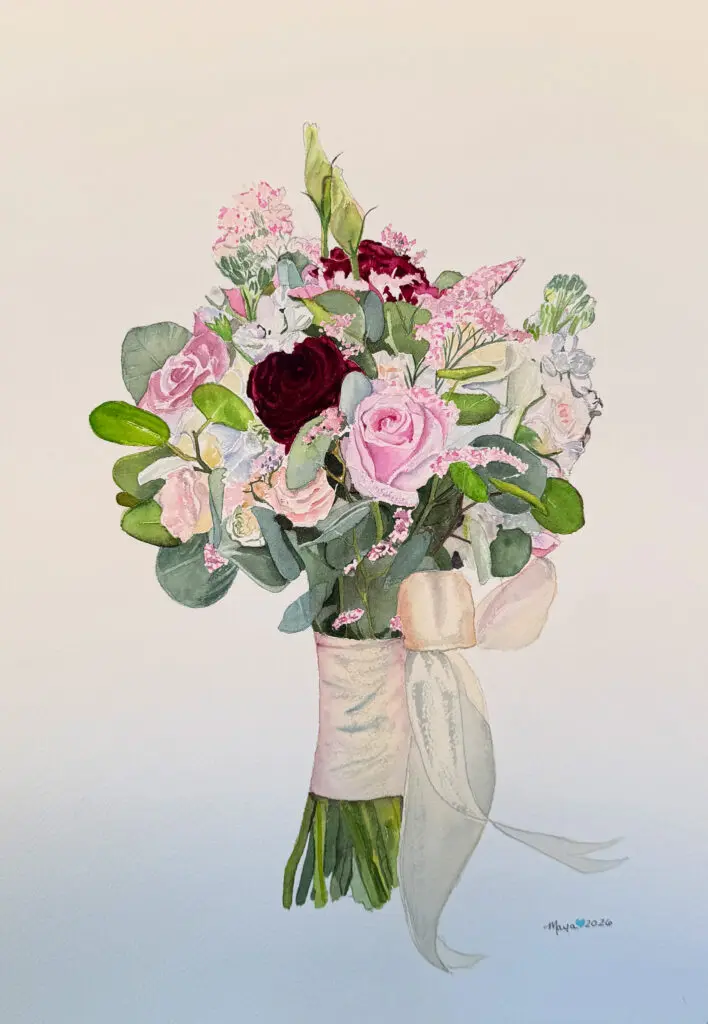 Watercolor bouquet of pink and burgundy blooms