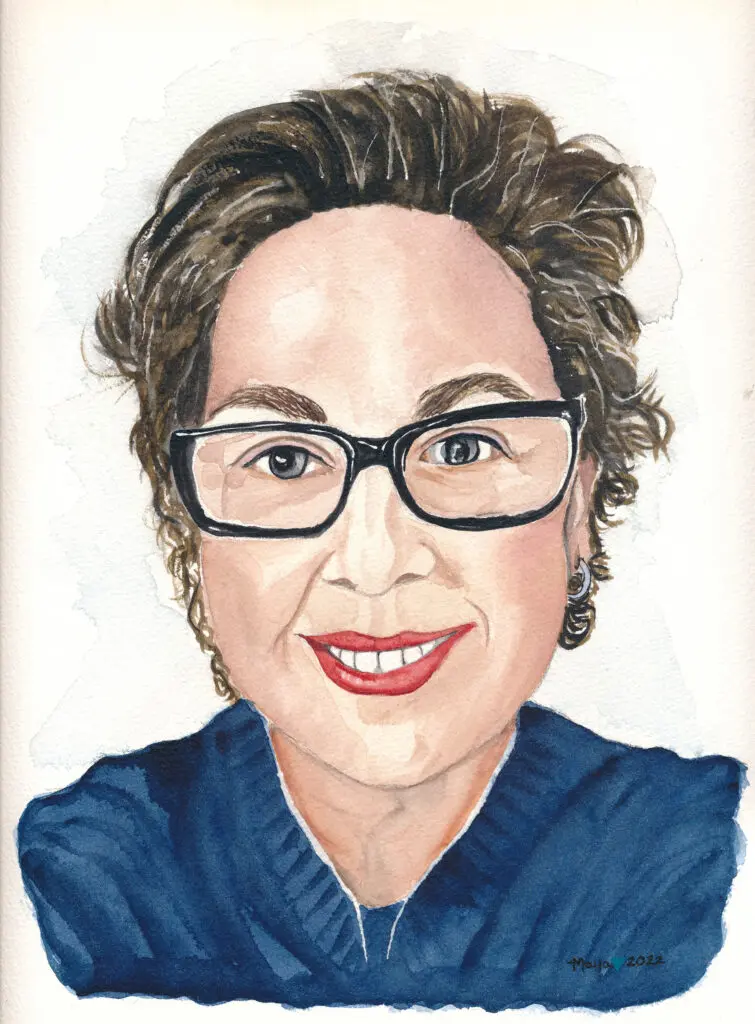 Watercolor portrait of smiling woman with glasses