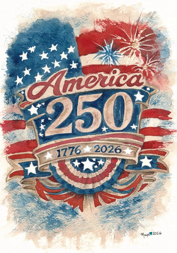 America 250 logo with fireworks and stars