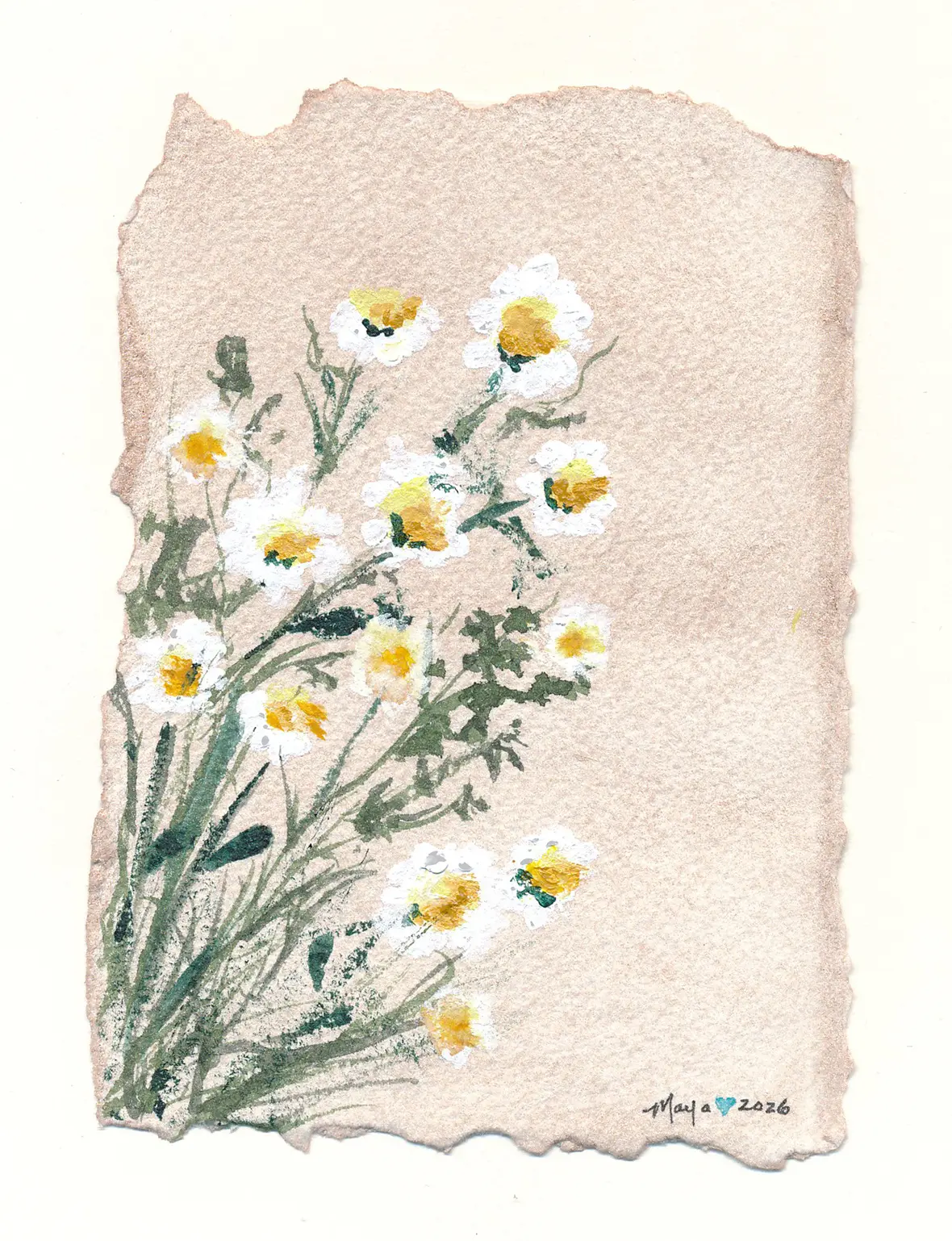 Watercolor daisies on textured beige paper