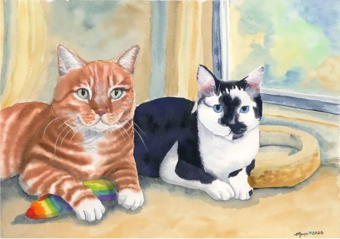 Watercolor painting of two cats by window