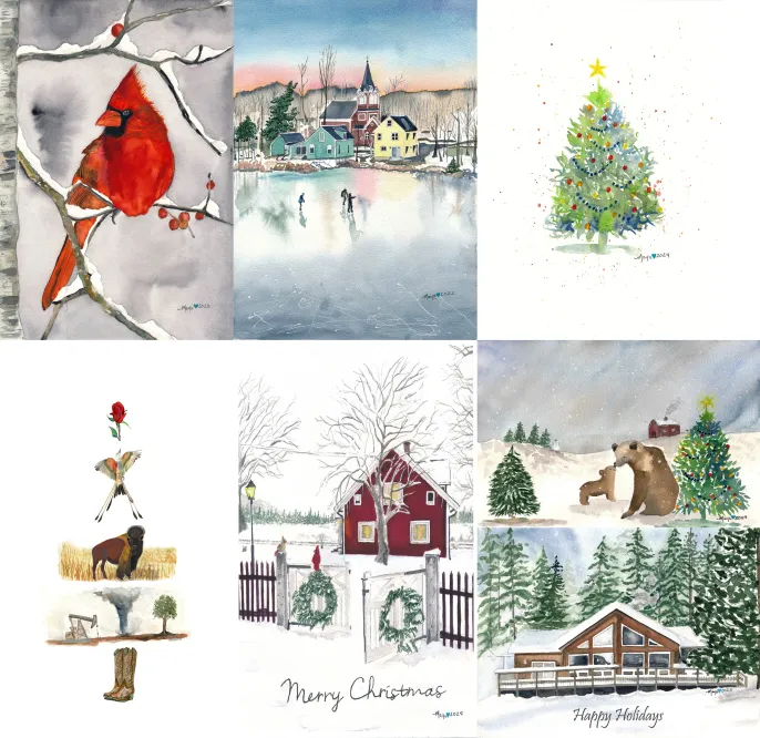Holiday watercolor collage with winter scenes