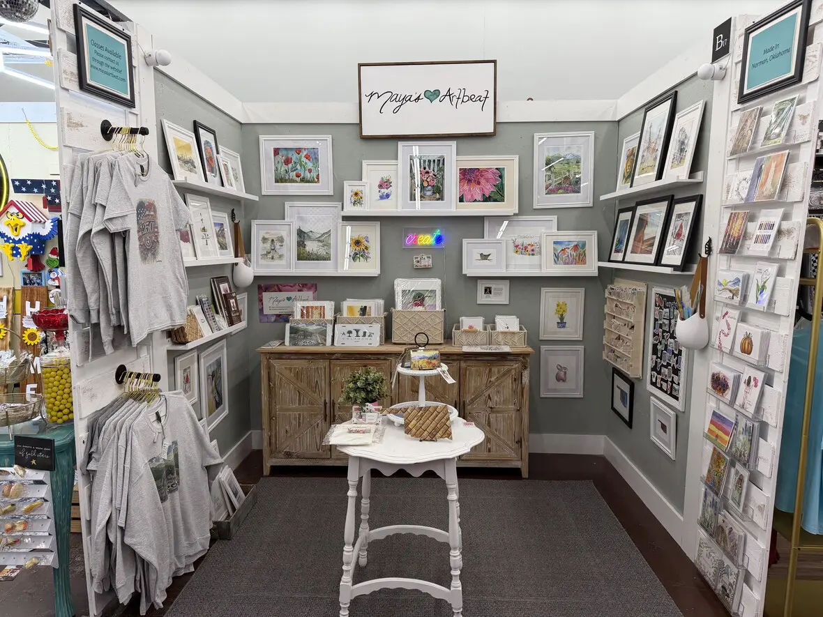 Boutique display of framed art and gifts
