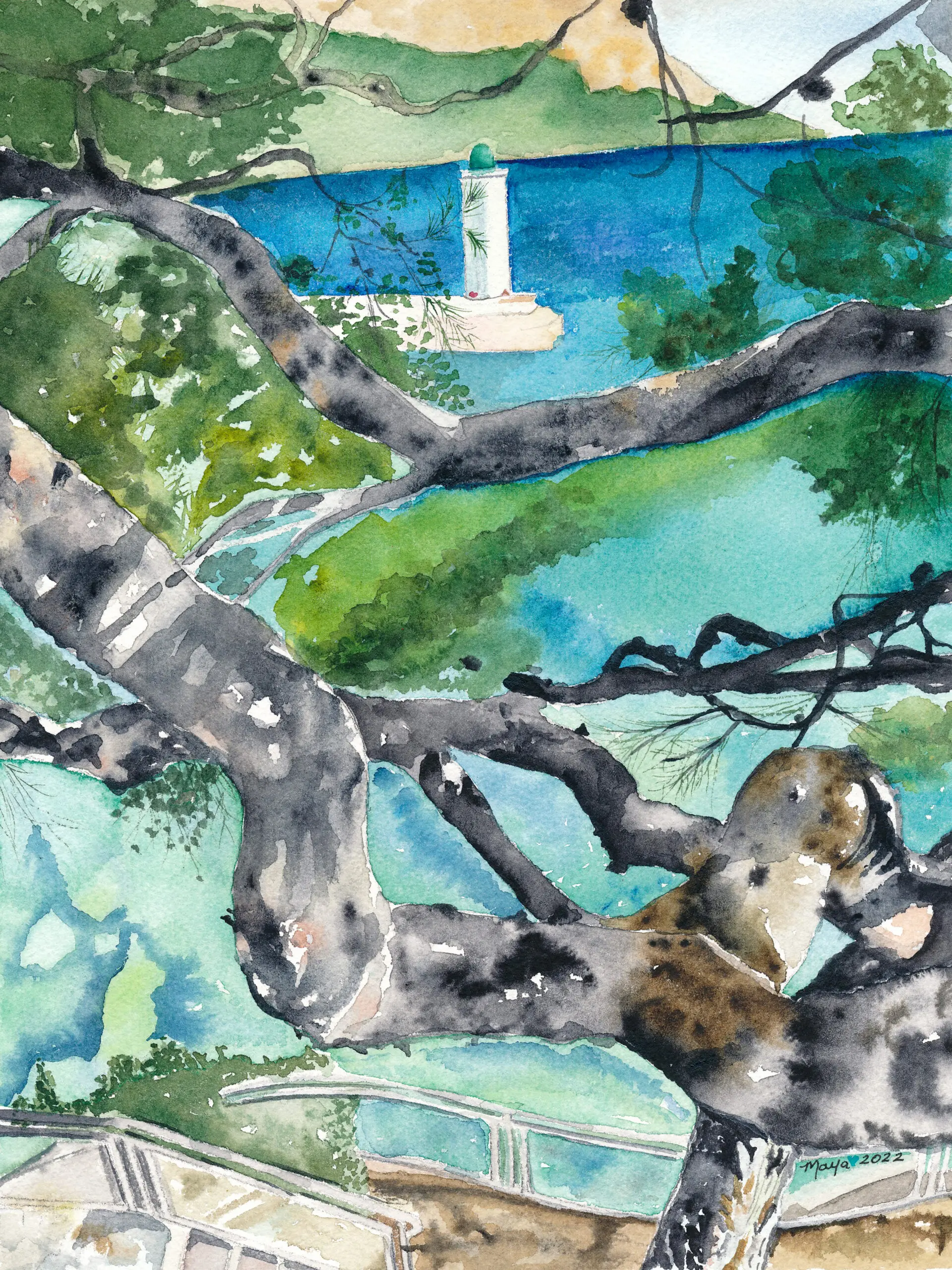 Watercolor coastal scene with lighthouse and tree