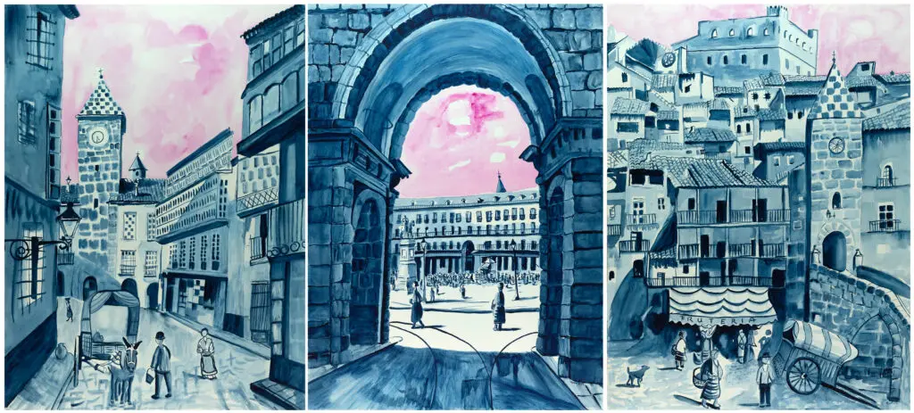 Triptych watercolor of historic European city scenes