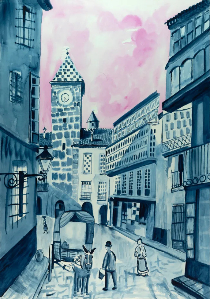Watercolor European street with clock tower, carriage