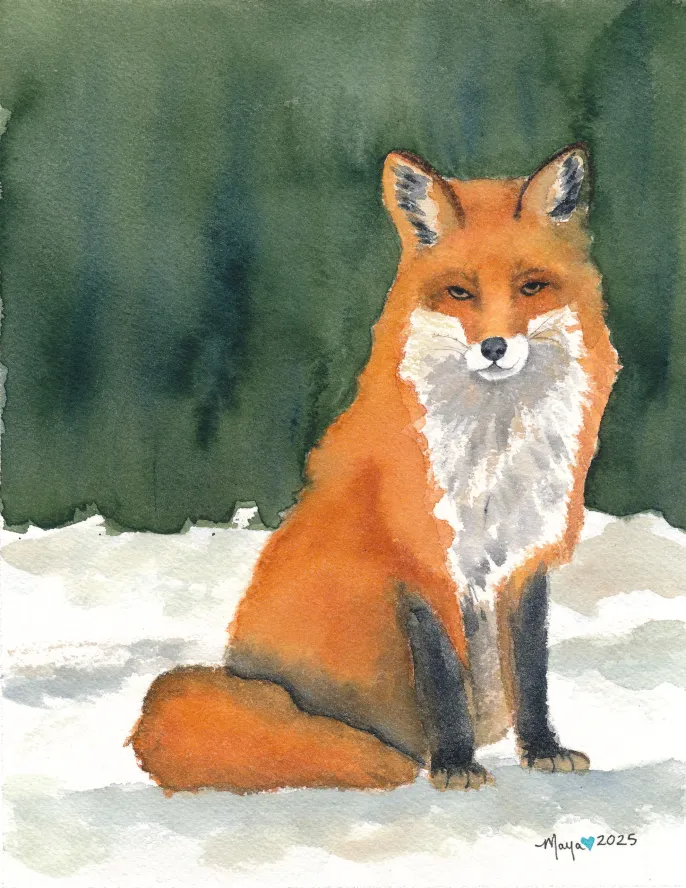 Watercolor red fox sitting in snowy forest