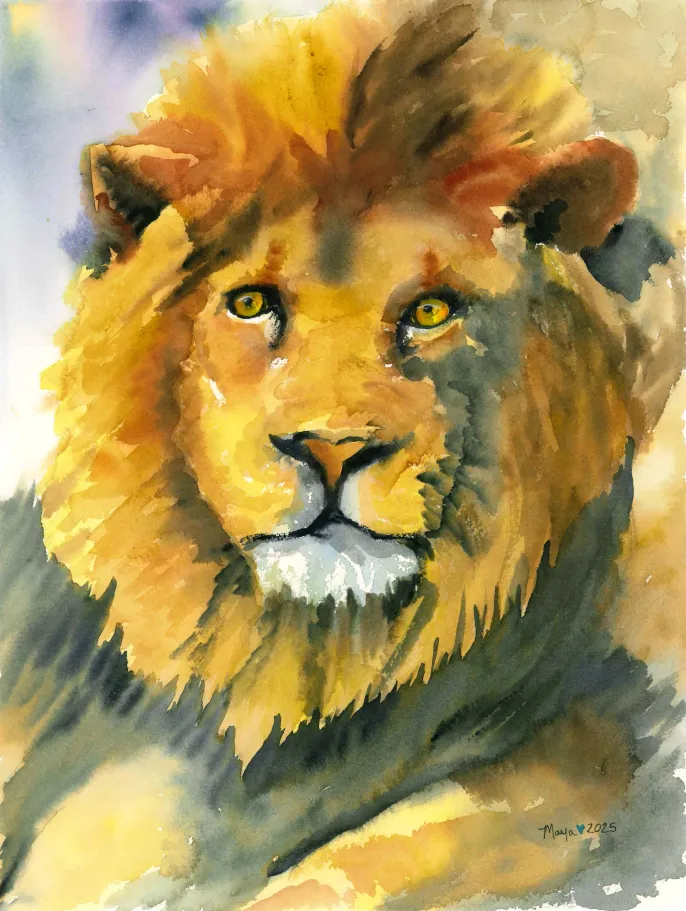 Watercolor portrait of a golden-maned lion