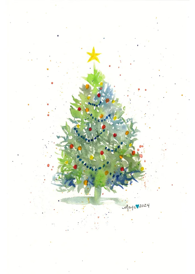 Watercolor Christmas tree with star and ornaments