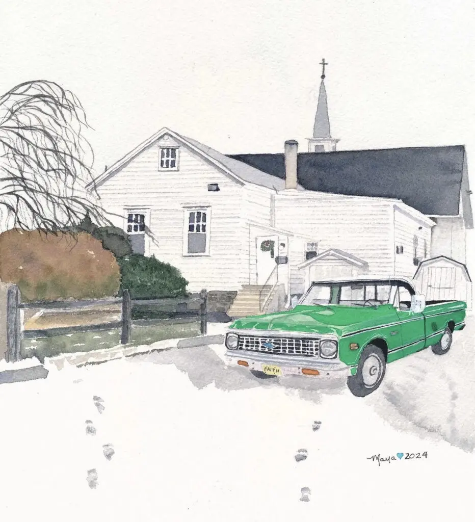 Green pickup truck parked by white church