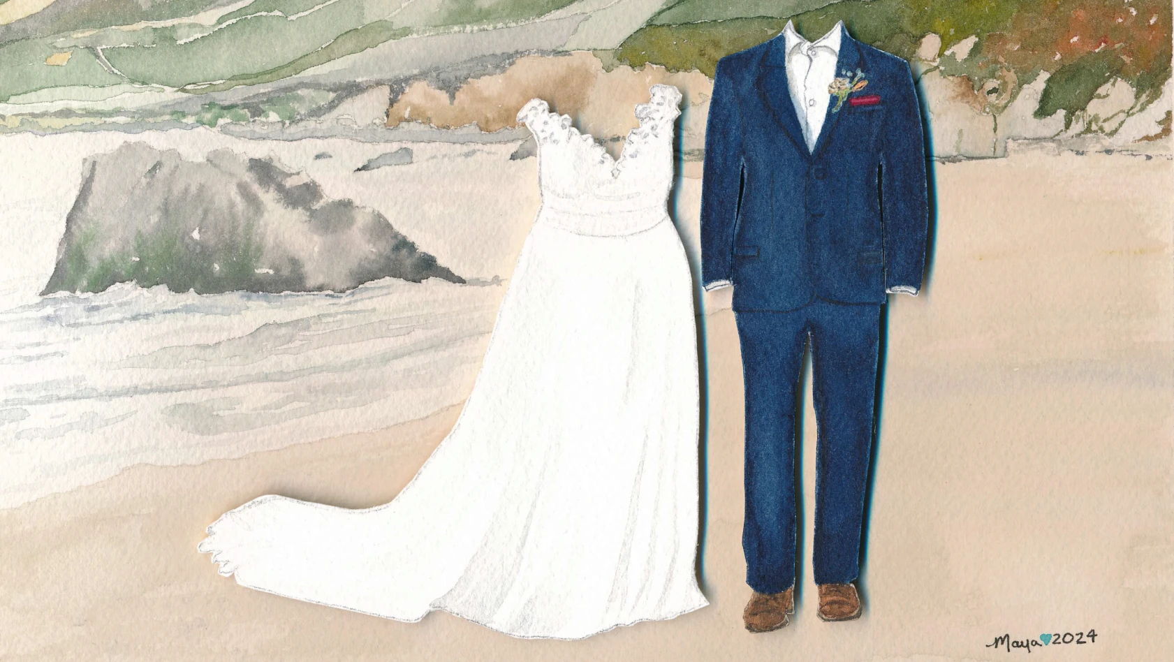 Bridal dress and suit on shore