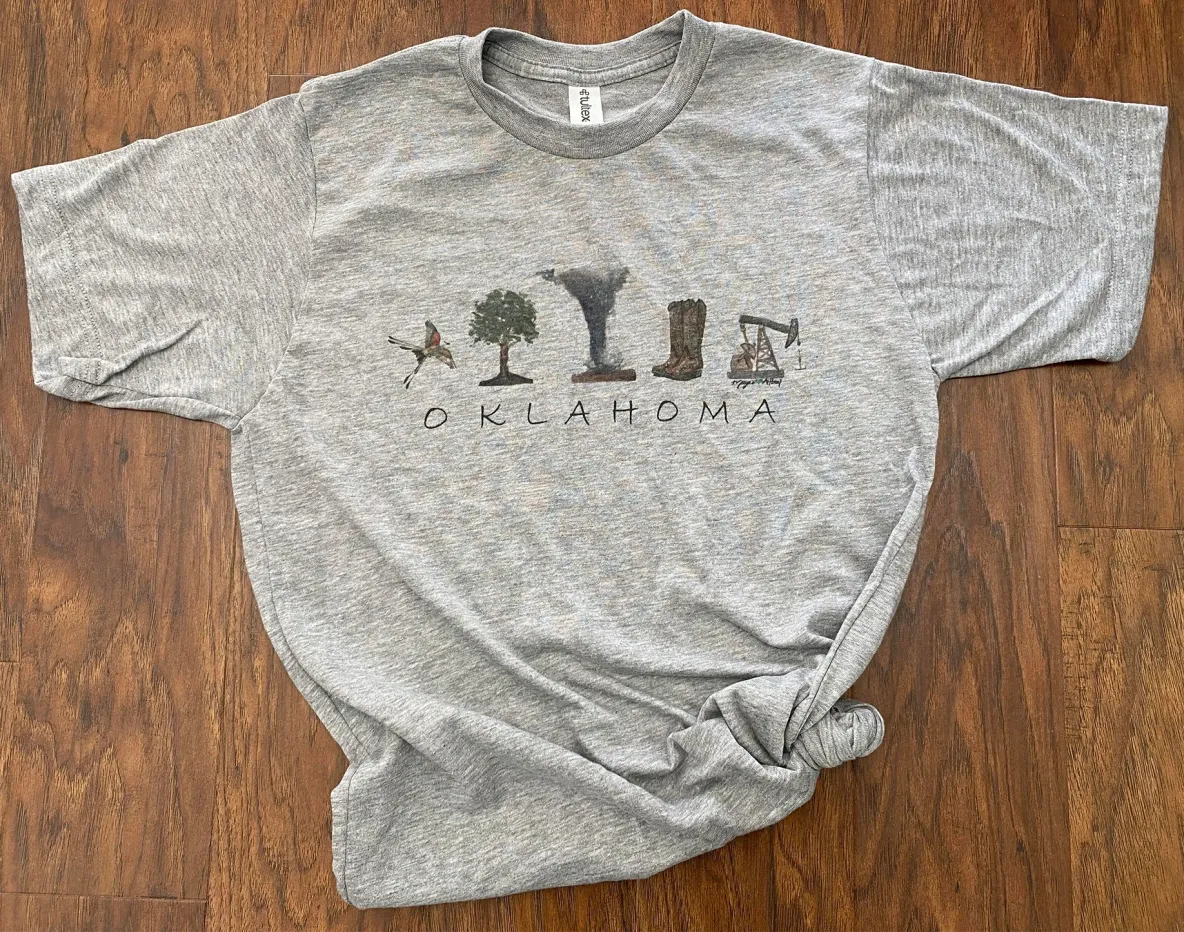 Oklahoma graphic t-shirt with nature symbols.