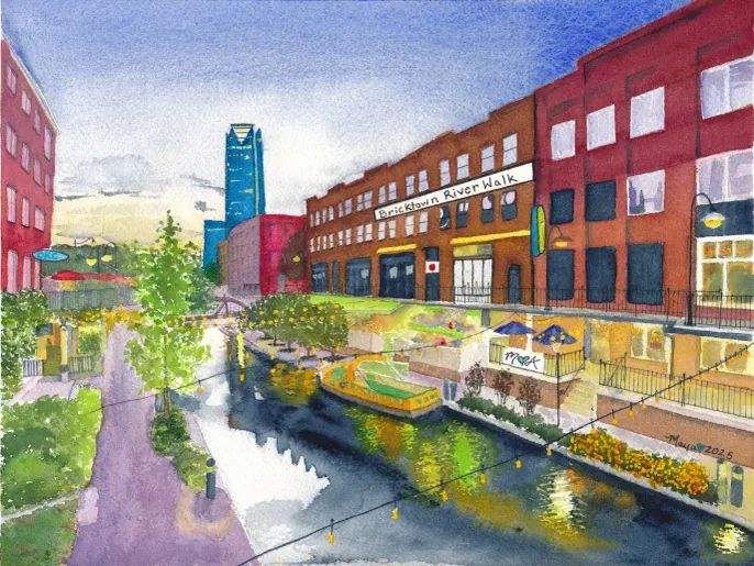Colorful watercolor riverwalk with boats and brick buildings