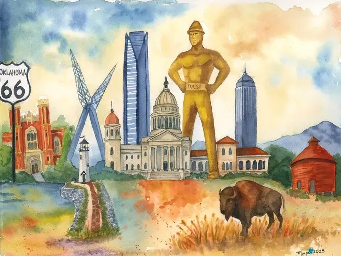 Oklahoma skyline with Golden Driller and bison