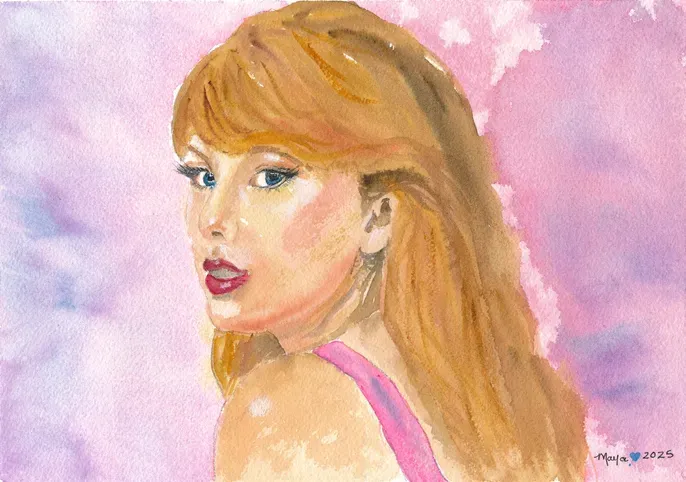 Watercolor portrait of red-haired woman glancing back