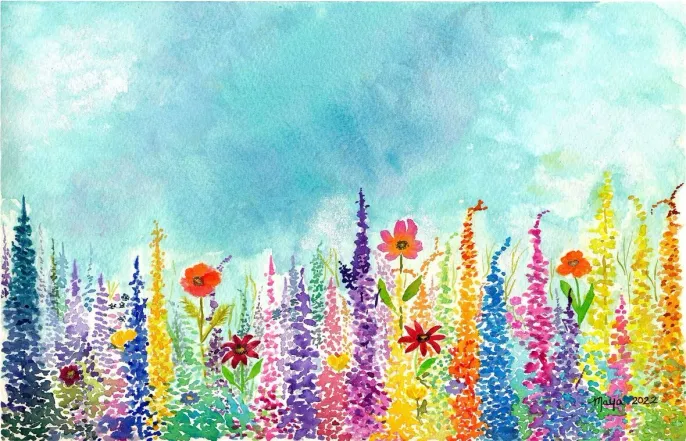 Colorful watercolor wildflower field under blue sky
