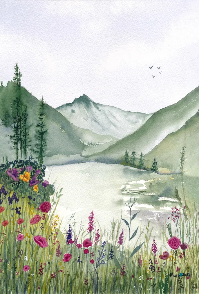 Watercolor mountain lake with wildflowers in foreground