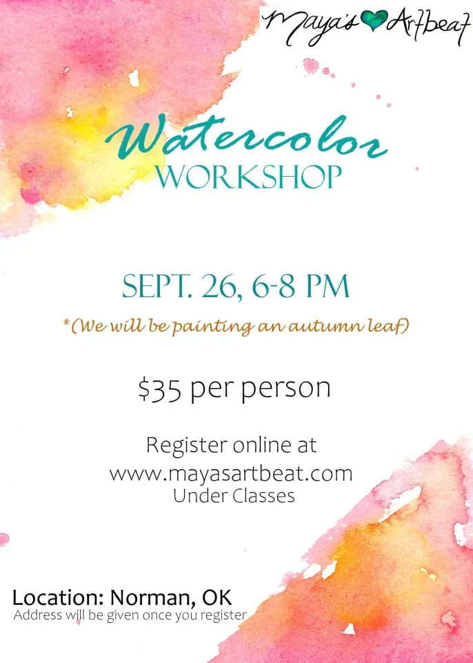 Watercolor workshop flyer with colorful splash accents