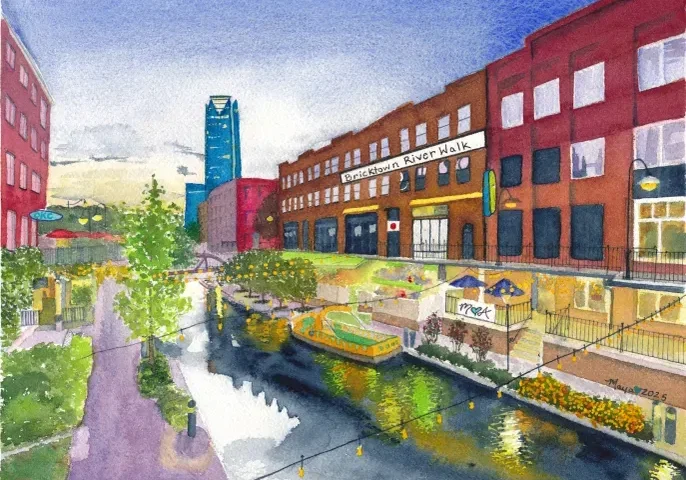 Colorful watercolor riverwalk with boats and brick buildings