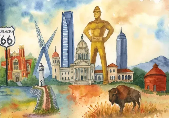 Oklahoma skyline with Golden Driller and bison