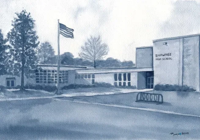Shawnee High School facade with American flag