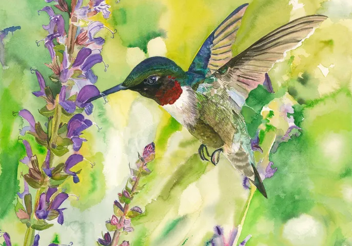 Watercolor hummingbird hovering by purple flowers