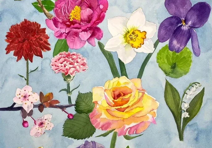 Watercolor bouquet of assorted spring flowers