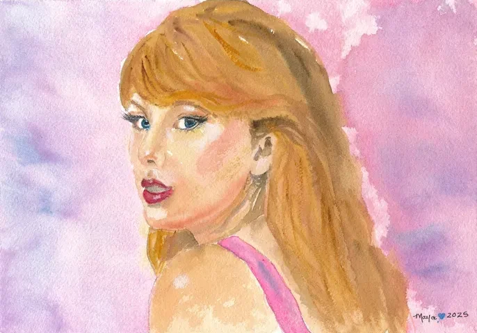 Watercolor portrait of red-haired woman glancing back
