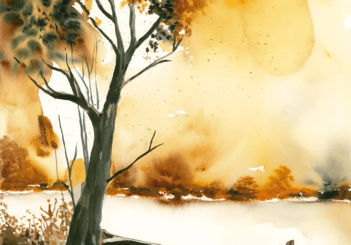 Autumn watercolor of lakeside tree and boat