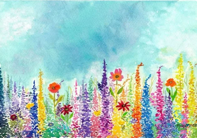 Colorful watercolor wildflower field under blue sky