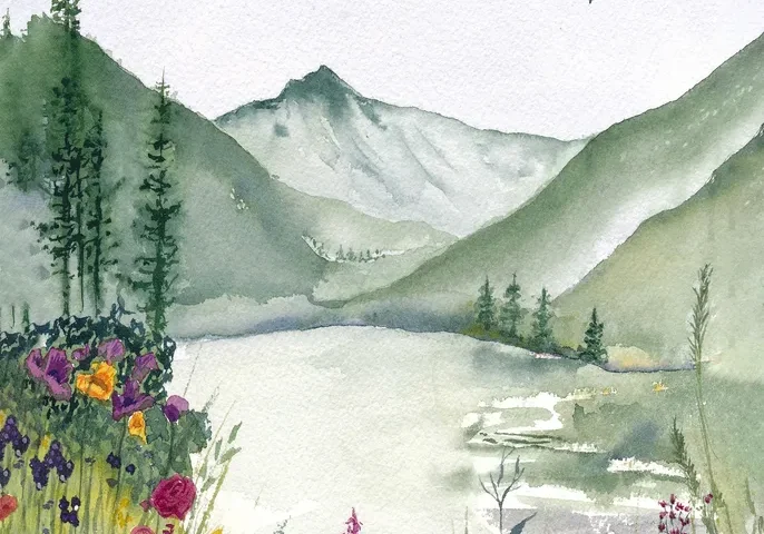 Watercolor mountain lake with wildflowers in foreground