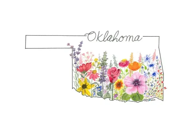 Oklahoma outline filled with colorful wildflowers