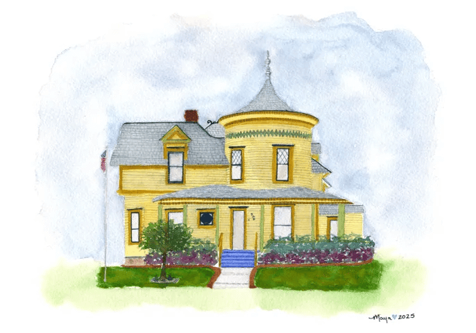 Yellow Victorian house watercolor with turret and porch