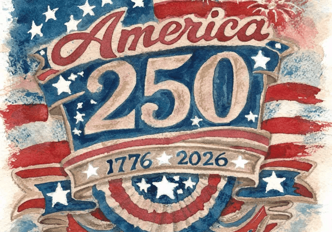 America 250 logo with fireworks and stars