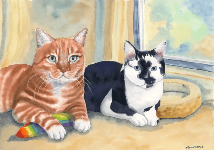 Watercolor painting of two cats by window