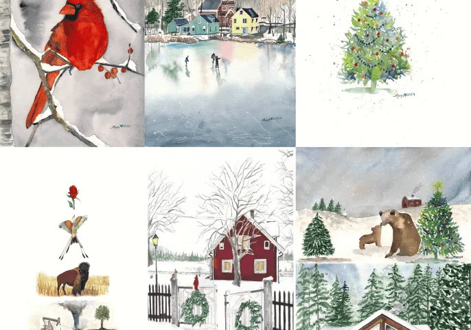Holiday watercolor collage with winter scenes