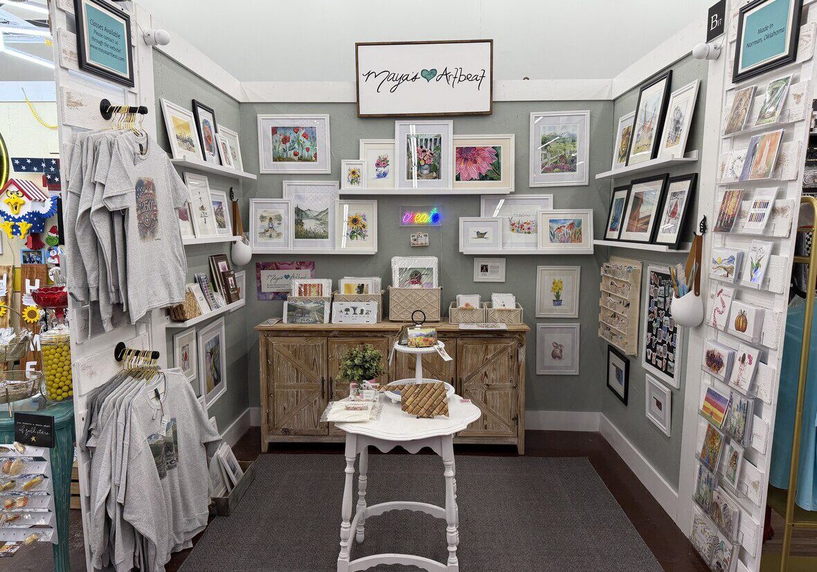 Boutique display of framed art and gifts