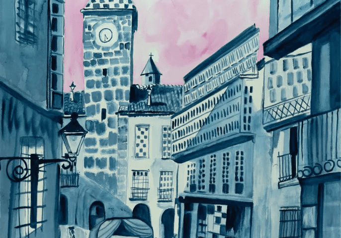 Watercolor European street with clock tower, carriage
