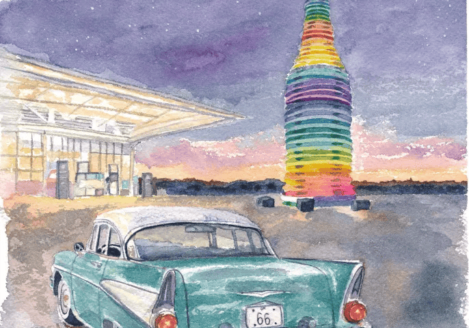 Teal vintage car near colorful spiral tower