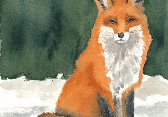 Watercolor red fox sitting in snowy forest