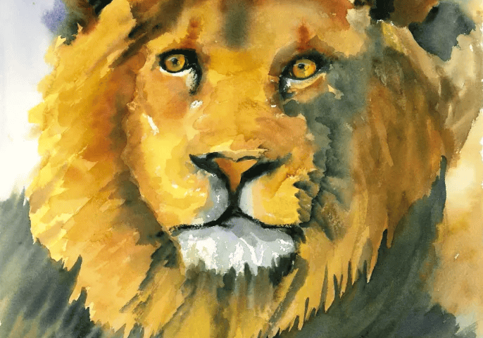 Watercolor portrait of a golden-maned lion