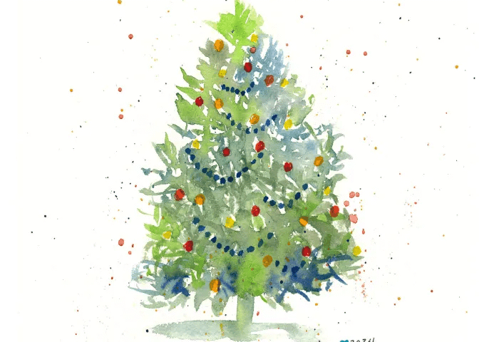 Watercolor Christmas tree with star and ornaments